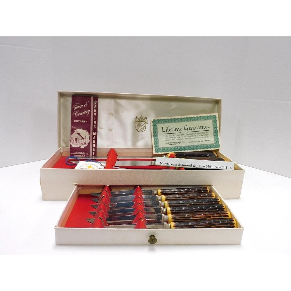 Vtg Town& Country Carving Set & 6 Steak Knives Fleetwood Washington Forge DW718